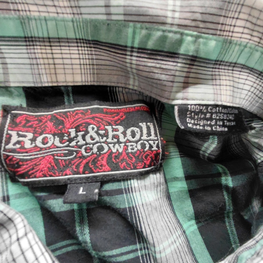 Rock & Roll Cowboy Shirt Men L Green Plaid Pearl Snap Thick Stitch Western Rodeo - Picture 15 of 16